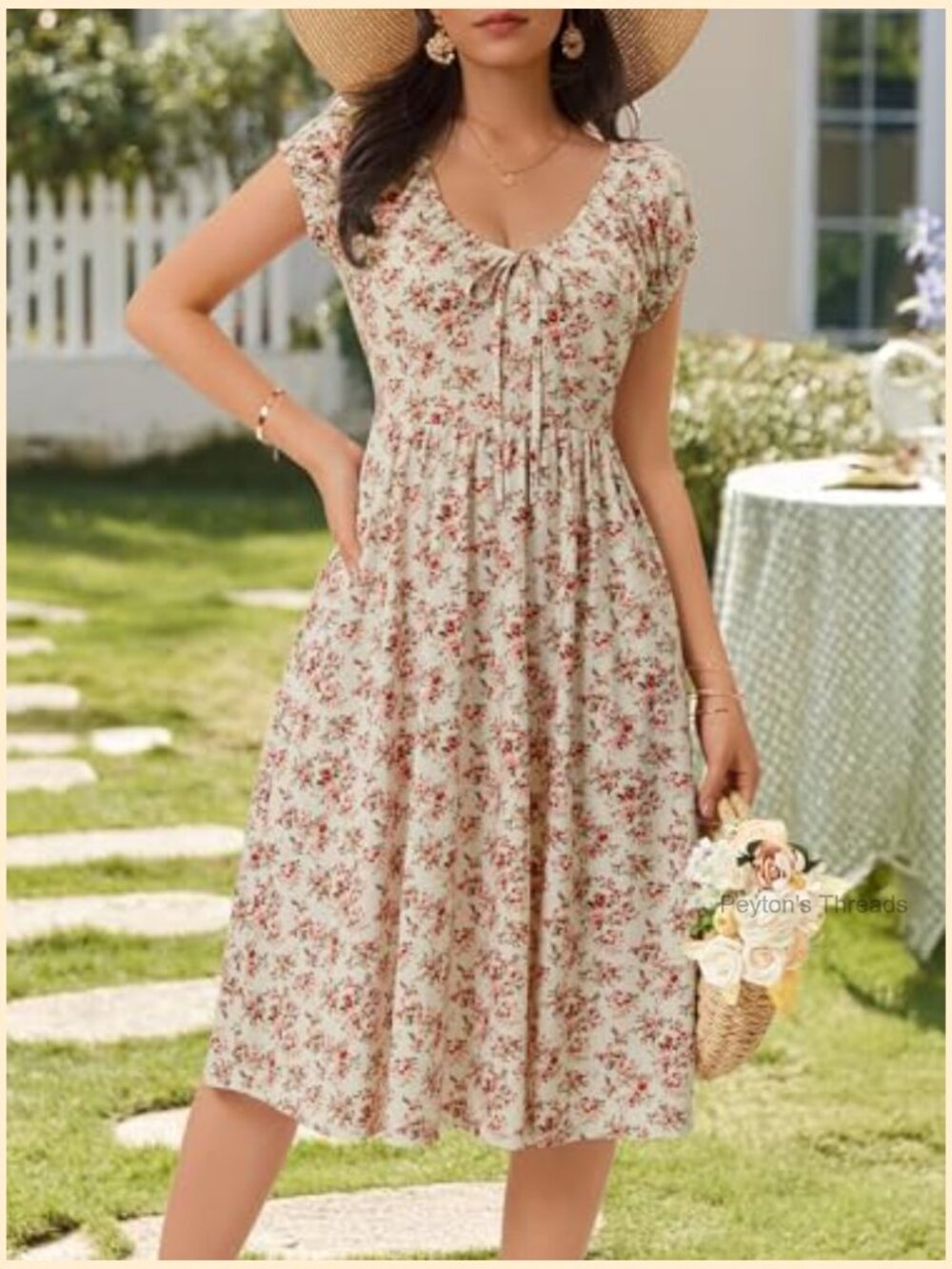 Women's Casual Midi Dress with Pockets V Neck Puff Sleeve A-Line Sundress - Picture 2 of 7